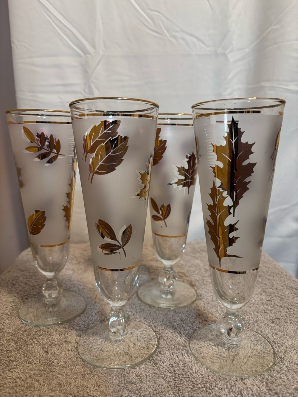 Libbey Frosted Glass Flutes with Gold and Brown Leaf Motif - Set of 4